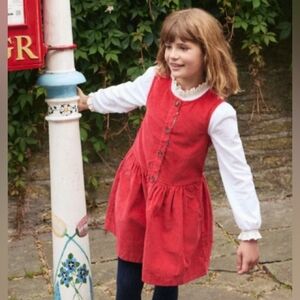 Mini Boden Red Corduroy Button Front Pinafore Dress 9-10Y